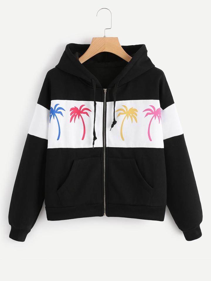 Romwe Color Block Tropical  Print Zip Up Jacket
