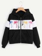 Romwe Color Block Tropical  Print Zip Up Jacket