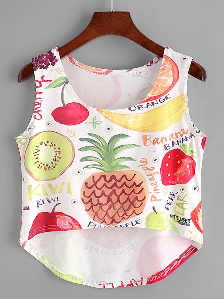 Romwe White Fruit Print Dip Hem Tank Top
