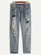 Romwe Blue Ripped Embroidered Patches Jeans