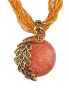 Romwe Orange Beads Chain Round Stone Pendant Necklace