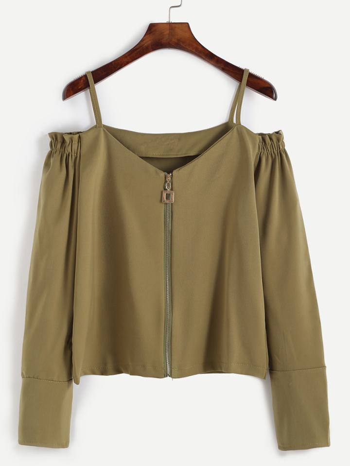 Romwe Army Green Cold Shoulder Zip Top With Button Detail