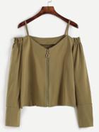 Romwe Army Green Cold Shoulder Zip Top With Button Detail
