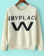 Romwe W Nmyplace Print Knit White Sweater