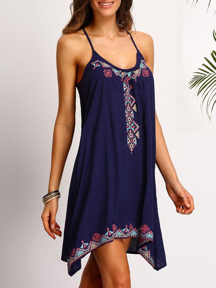 Romwe Blue Spaghetti Strap Embroidered Dress
