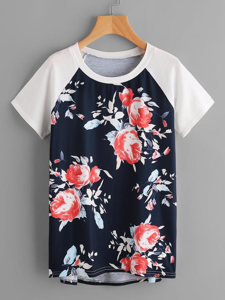 Romwe Floral Print Raglan Sleeve Dip Hem Tee