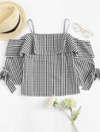 Romwe Cold Shoulder Knot Cuff Checked Top