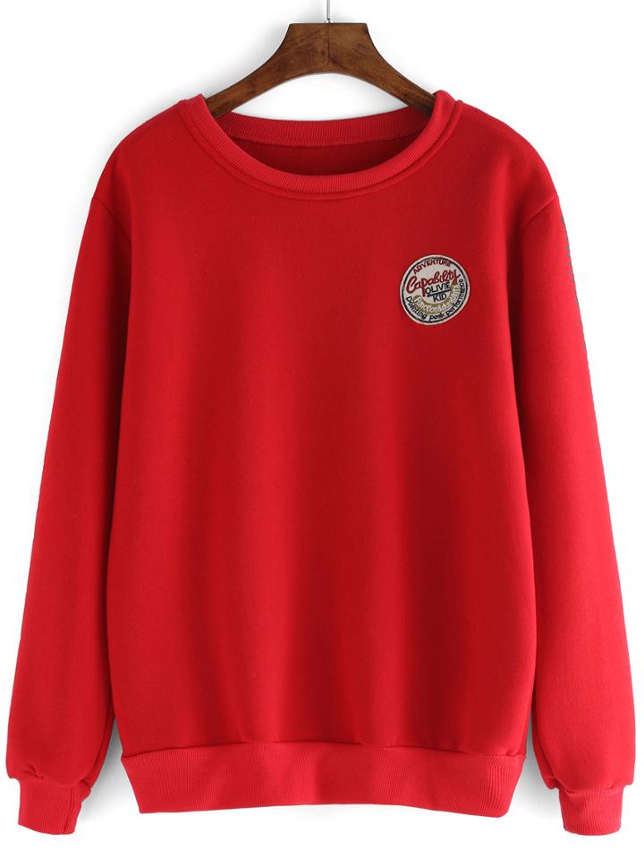 Romwe Round Neck Letter Embroidered Patch Sweatshirt