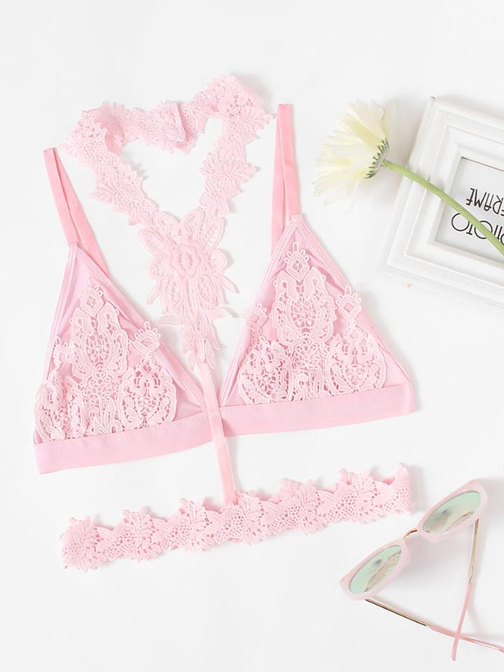 Romwe Lace Choker Harness Detail Bralette