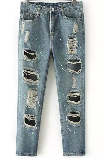 Romwe Blue Vintage Ripped Denim Pant