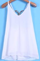Romwe Metal Embellished Chiffon White Vest