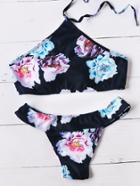 Romwe Black Floral Print Ruffle Design Halter Bikini Set