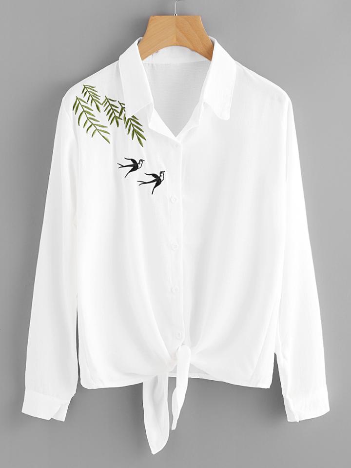 Romwe Swallows Embroidered Knot Front Shirt