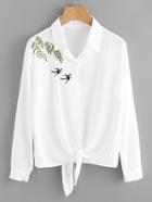 Romwe Swallows Embroidered Knot Front Shirt