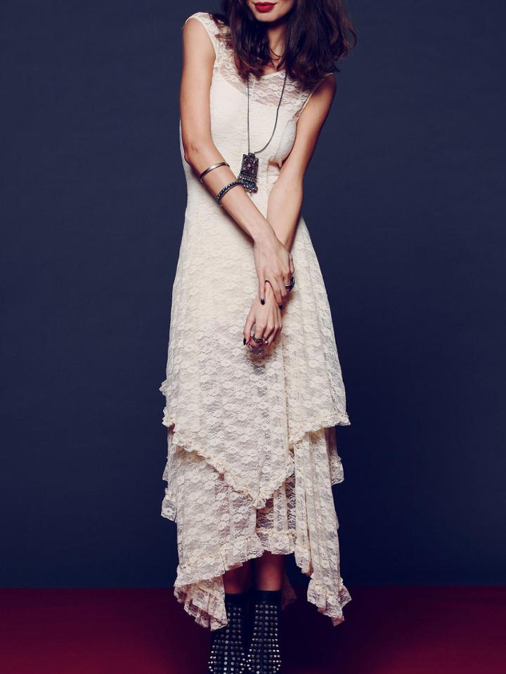 Romwe Lace Layered Asymmetrical Apricot Dress