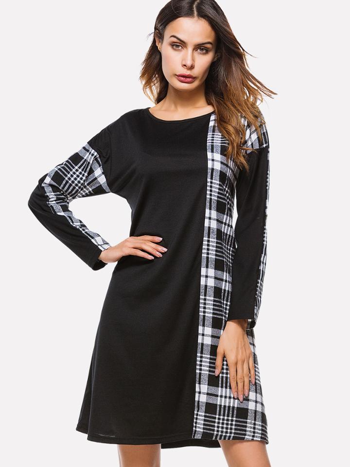 Romwe Contrast Tartan Plaid Tunic Dress
