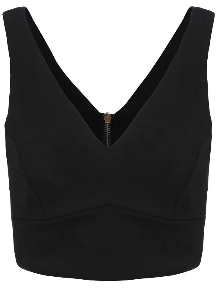 Romwe Black V Neck Zipper Crop Tank Top