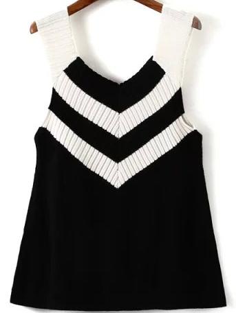 Romwe V Neck Striped Knit Black Tank Top