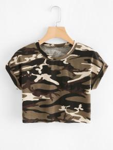 Romwe Camo Roll Sleeve Tee