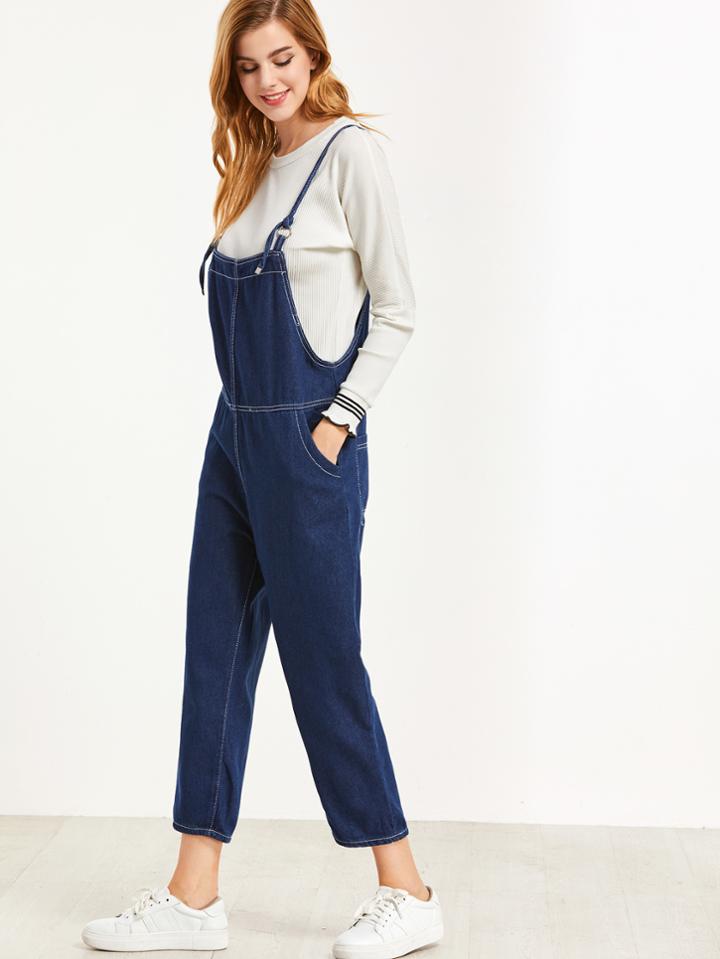 Romwe Deep Blue Strap Pockets Overall Jeans