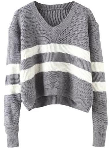 Romwe V Neck Striped Grey Sweater