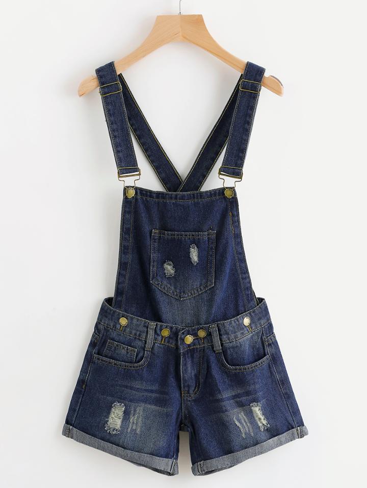 Romwe Destroyed Cross Back Cuffed Chambray Pinafore Romper