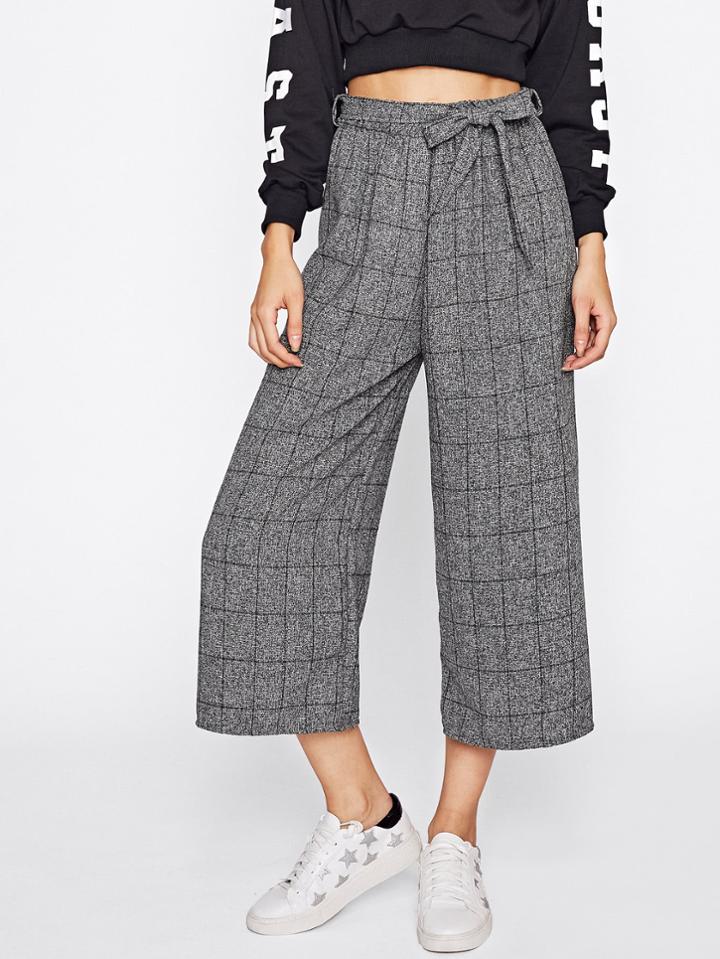 Romwe Windowpane Print Tie Waist Wide Leg Pants
