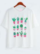 Romwe White Cactus Print Drop Shoulder T-shirt