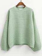 Romwe Striped Loose Green Sweater