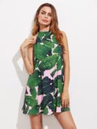 Romwe Jungle Leaf Print V Cut Back Halter Trapeze Dress