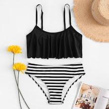 Romwe Flounce Top With Striped High Waist Bikini Set