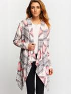 Romwe Grey Pink Long Sleeve Geometric Print Coat