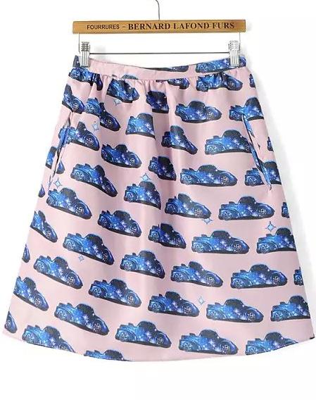 Romwe Car Print Flare Pink Skirt