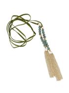 Romwe Green Color Beads Tassel Long Suede Chain Necklaces