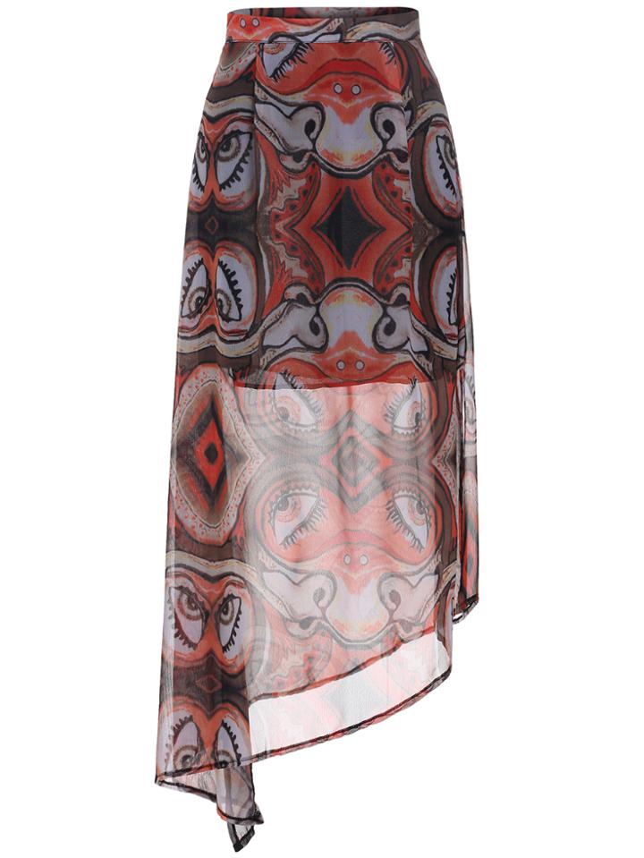 Romwe Eye Print Chiffon Asymmetrical Skirt
