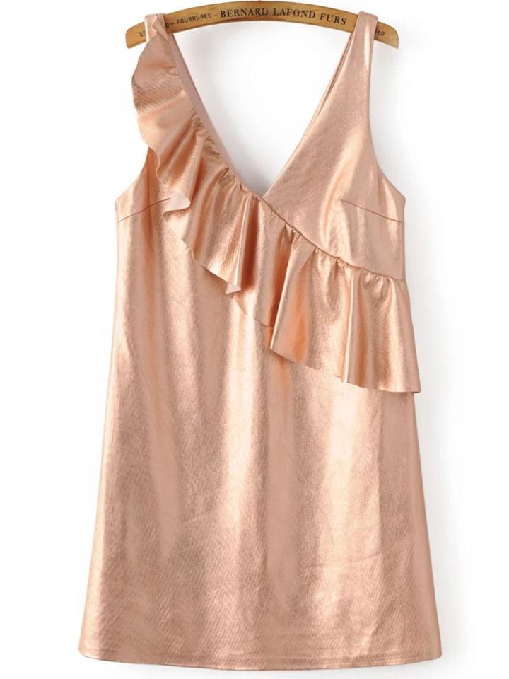 Romwe Rose Gold Ruffle V Neck Sleeveless Dress