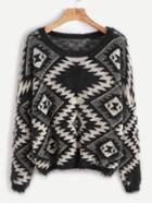 Romwe Black Drop Shoulder Geometric Pattern Fuzzy Sweater