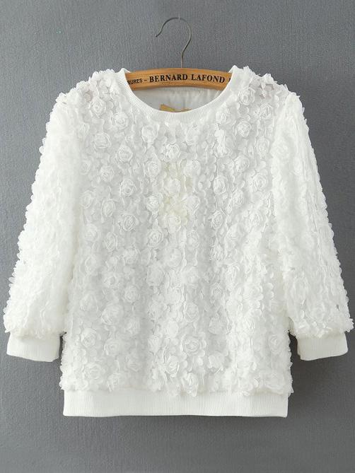 Romwe Round Neck Rose Applique White Top