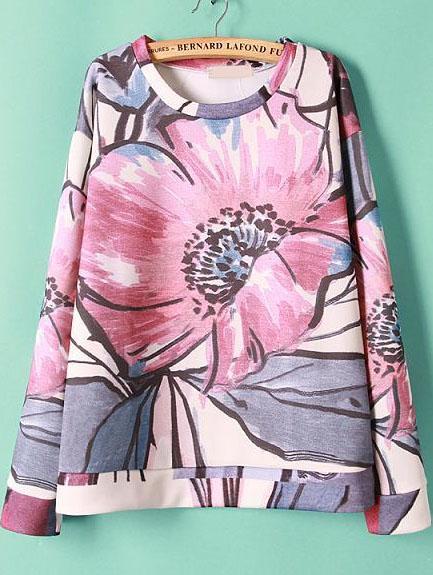 Romwe Pink Floral Print Loose Sweatshirt