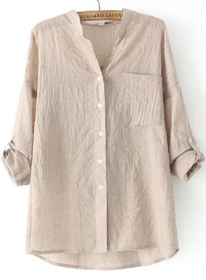 Romwe Apricot Stand Collar Pocket Loose Blouse