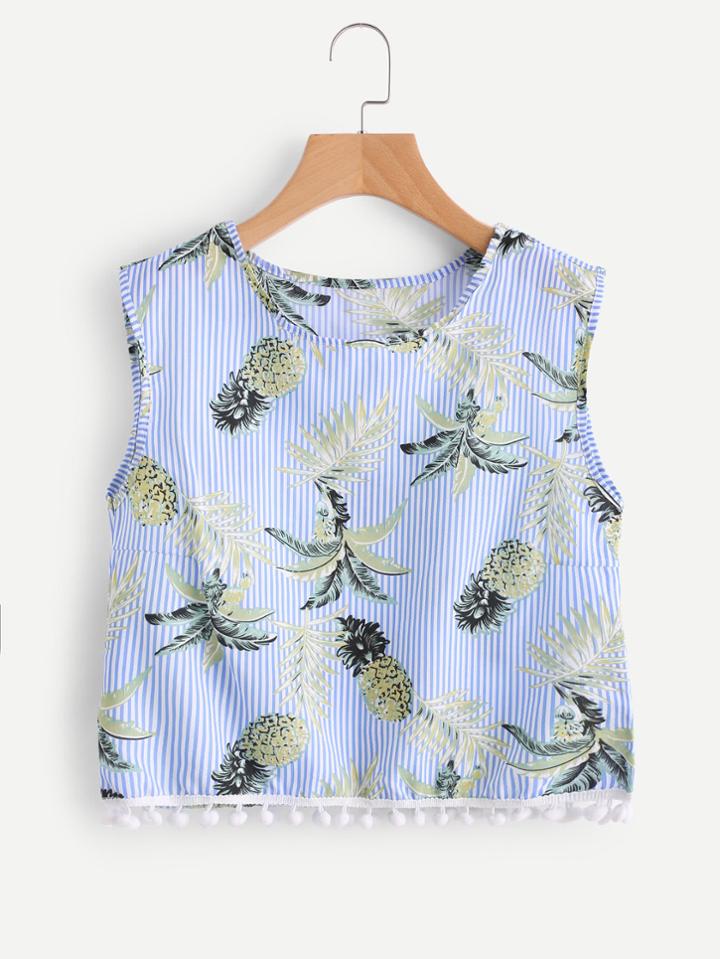 Romwe Pineapple Print Vertical Striped Pompom Hem Tank Top