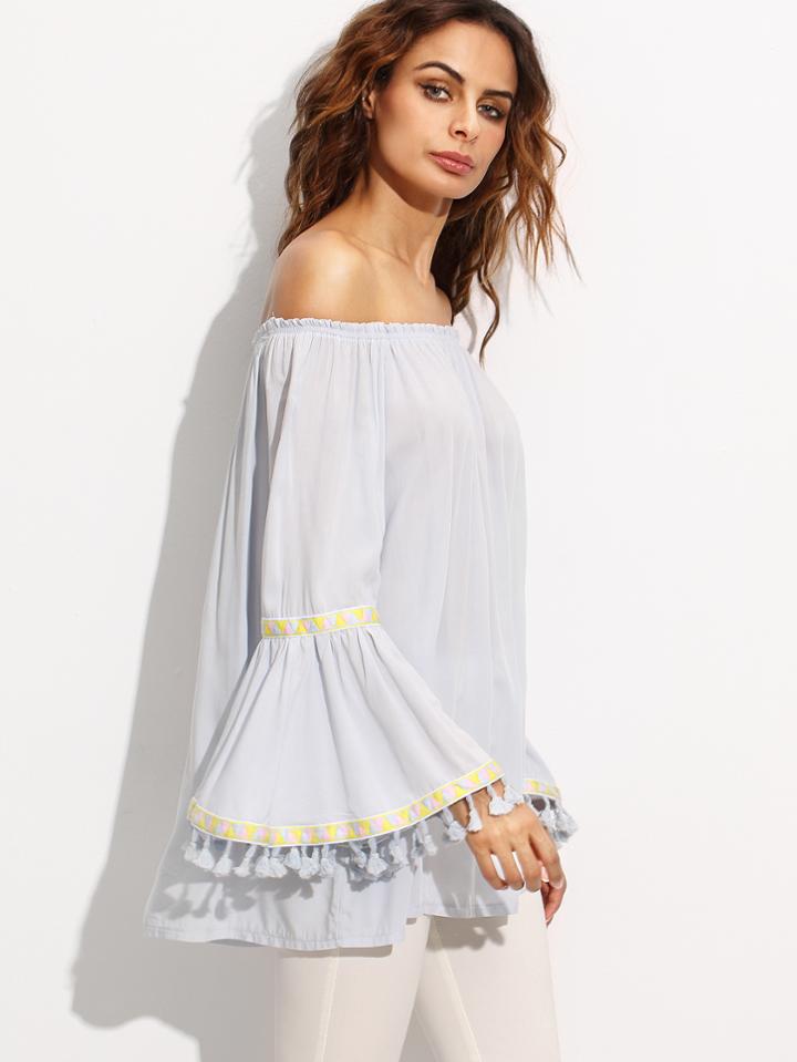 Romwe Off The Shoulder Embroidered Tape Detail Fringe Blouse