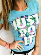 Romwe Letter & Flower Print T-shirt - Sky Blue