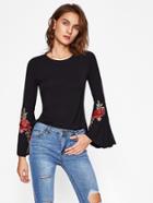 Romwe Flower Patch Split Bell Sleeve Tee