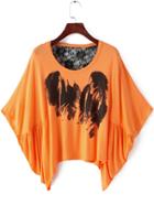 Romwe Ink Print Back Lace Insert Orange T-shirt