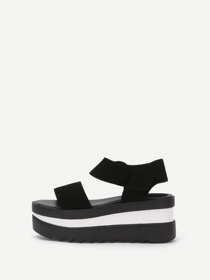 Romwe Black Faux Leather Open Toe Platform Sandals