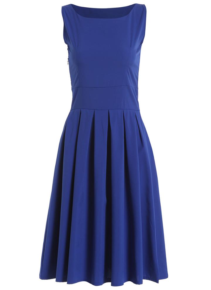 Romwe Square Neck Sleeveless Pleated Blue Dress