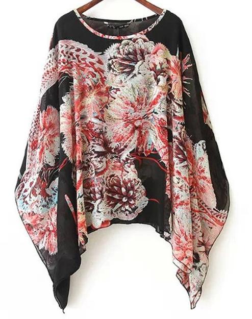 Romwe Floral Print Batwing Loose T-shirt