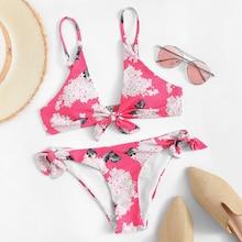 Romwe Floral Top With Tie Side Bikini Set