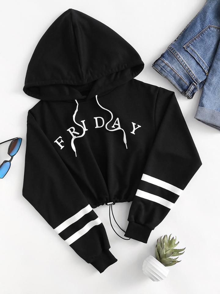 Romwe Varsity-striped Drawstring Hem Letter Print Hoodie